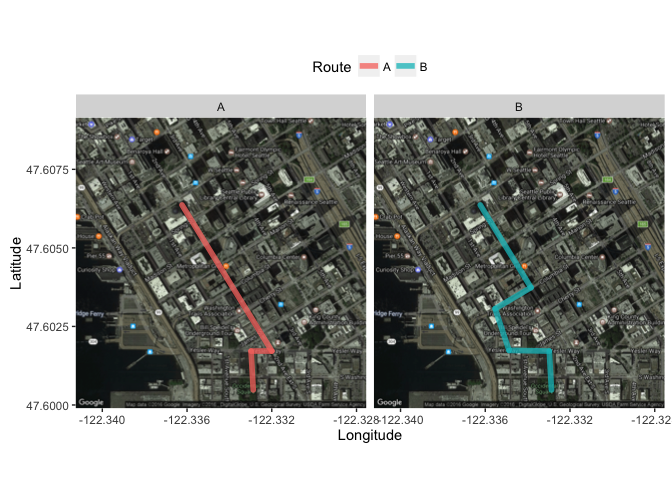 Two side-by-side satellite images of Seattle, each showing a potential bike route from one place to another.