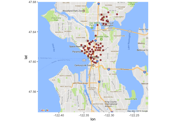 Zoomed out map of Seattle showing red dots around downtown and university district