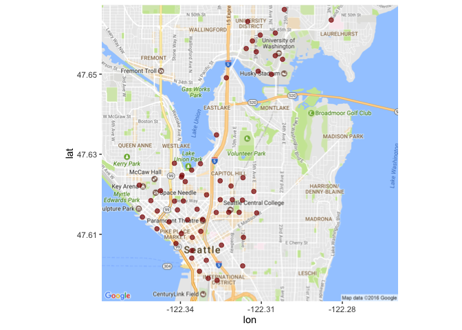 Zoomed in map of Seattle showing red dots around downtown and university district