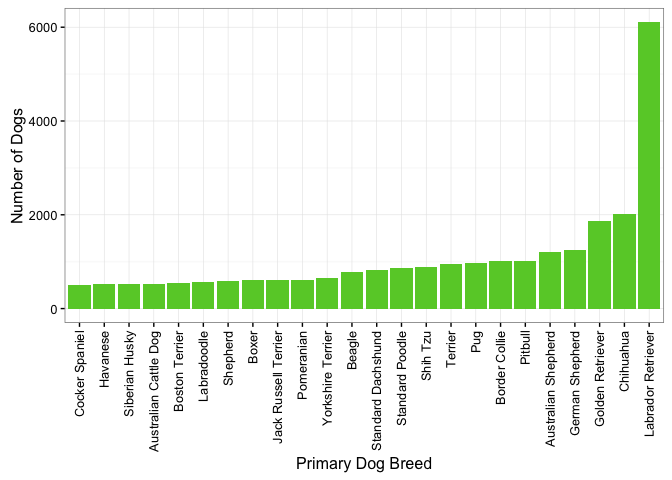 Bar graph showing the most popular dog breeds in Seattle, labradors, chihuahuas, and golden retrievers are the most popular