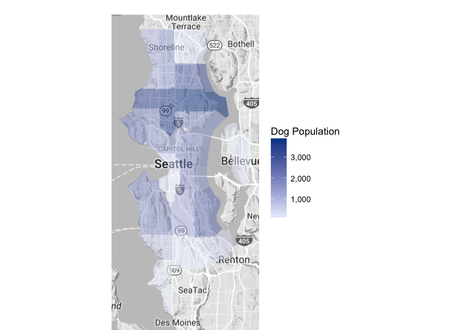 Choropleth map showing the dog population in various zip codes throughout Seattle. the highest proportions are in northern Seattle“