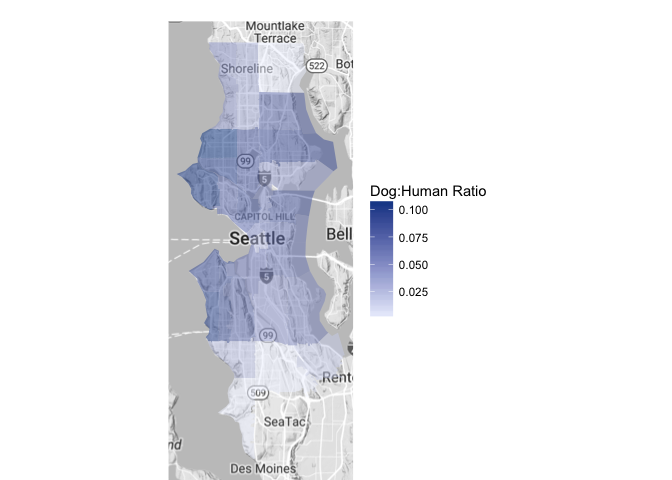 Choropleth map showing the dog population per human in various zip codes throughout Seattle. The highest proportions are in central Seattle“