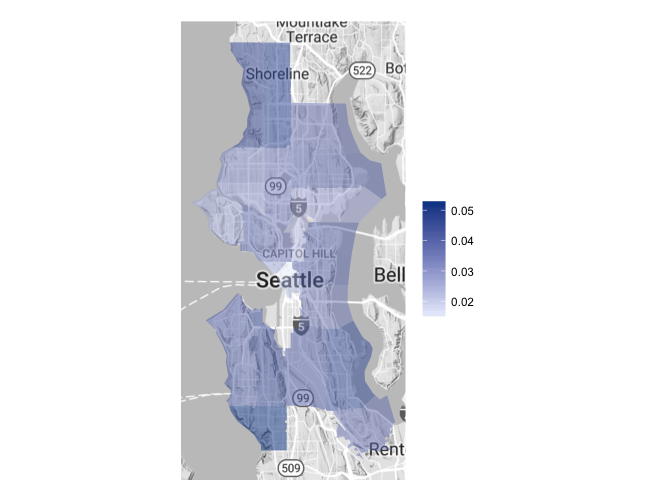 Choropleth map showing the giant dog population compared to the entire dog population in various zip codes throughout Seattle. the highest proportions are in northern and southern Seattle“