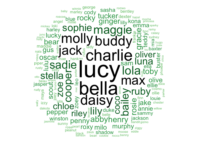 Word cloud of dog names after removing non-names. Some of the largest include Lucy, Charlie, Bella, Daisy“